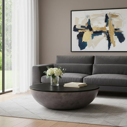 Black & Gray Solid Wood & Concrete Round Coffee Table image 1