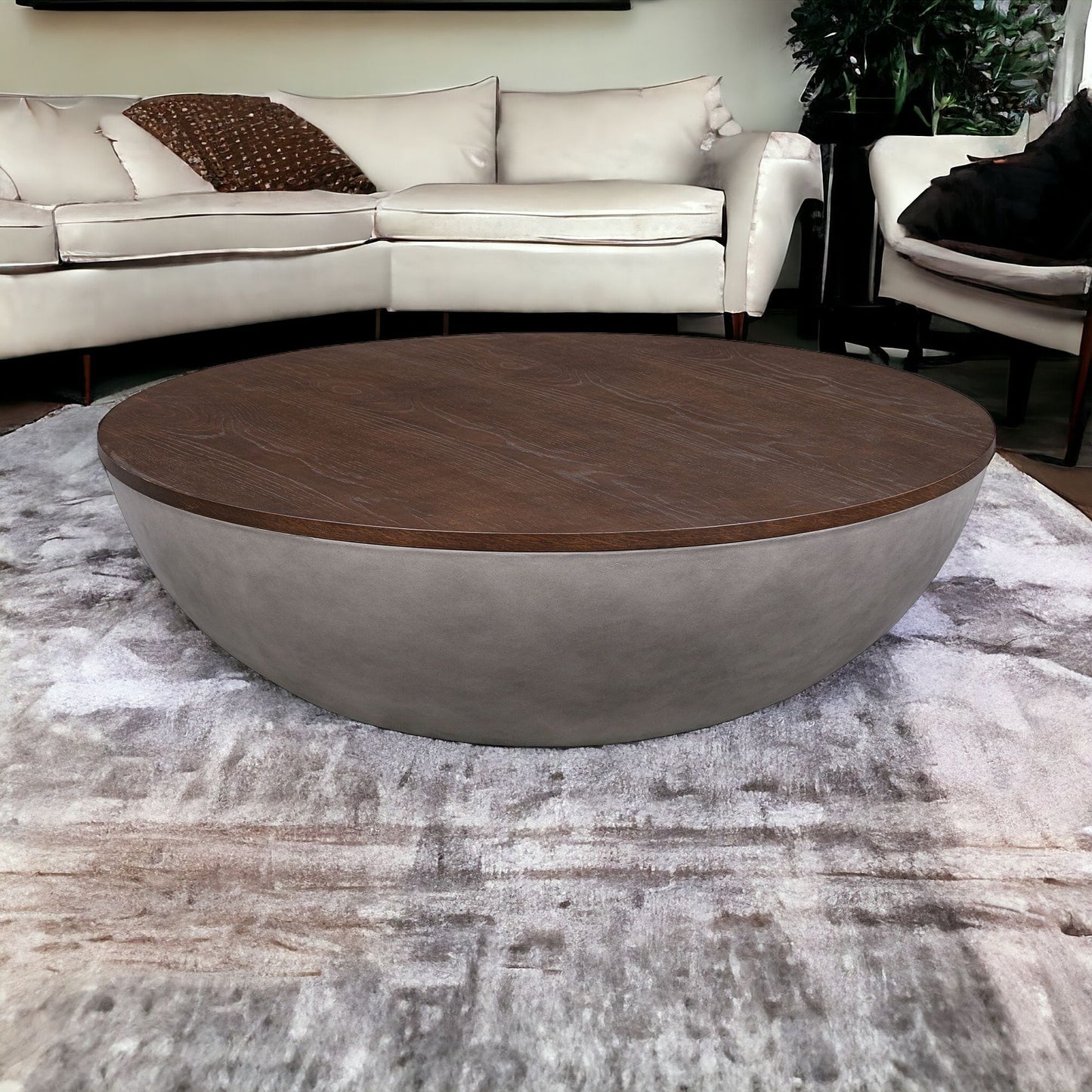 Brown & Gray Solid Wood & Concrete Round Coffee Table