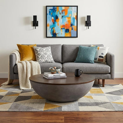 Brown & Gray Solid Wood & Concrete Round Coffee Table image 1
