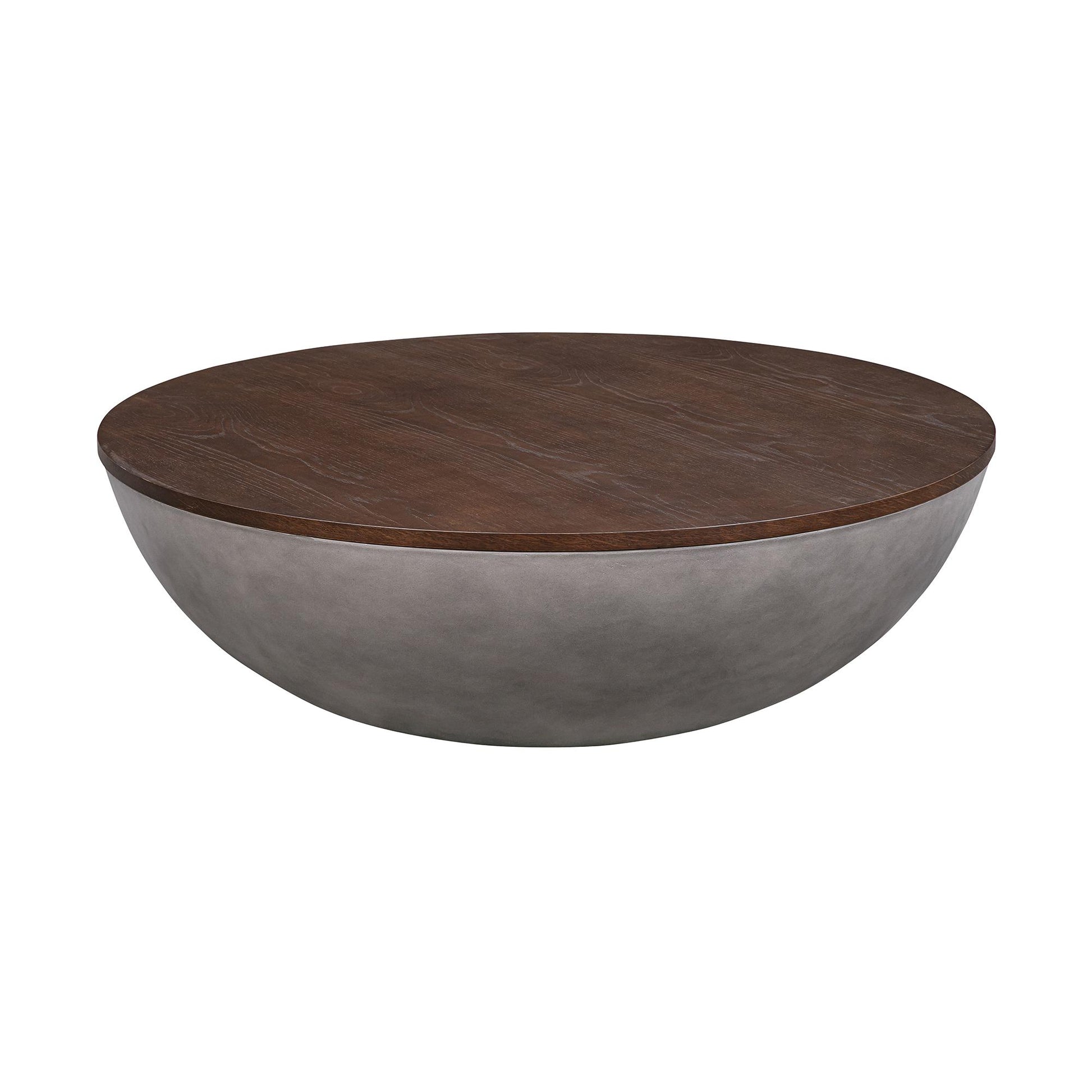 Brown & Gray Solid Wood & Concrete Round Coffee Table image 2