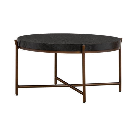 Black & Brown Solid Wood & Metal Round Coffee Table