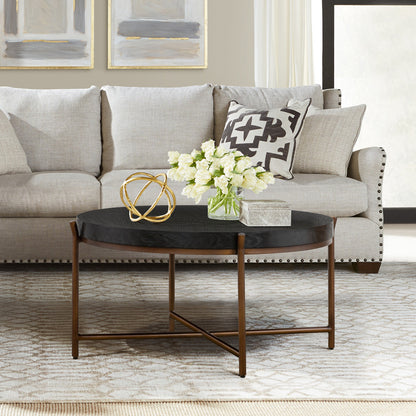 Black & Brown Solid Wood & Metal Round Coffee Table