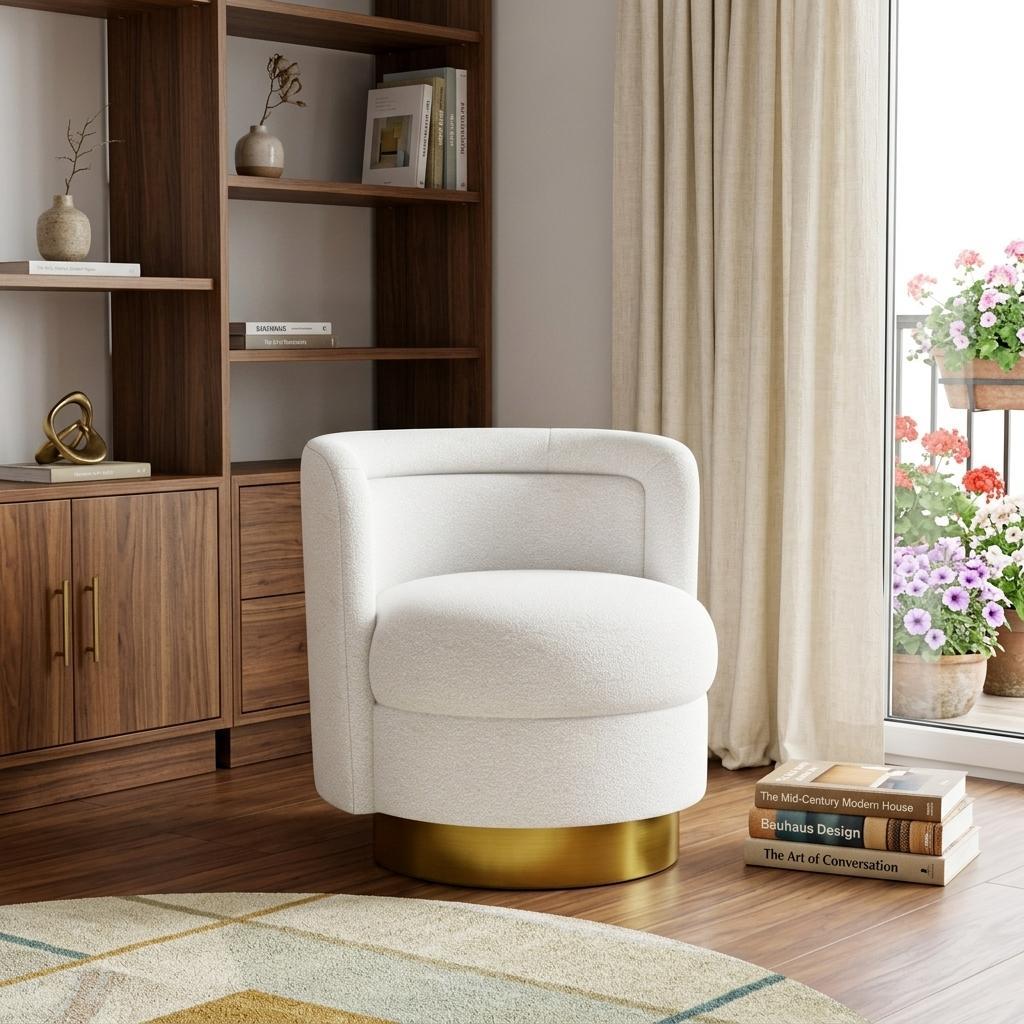 White & Gold Boucle Swivel Barrel Chair