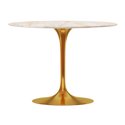 White And Gold Rounded Stone And Metal Pedestal Base Dining Table