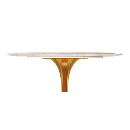 White And Gold Rounded Stone And Metal Pedestal Base Dining Table
