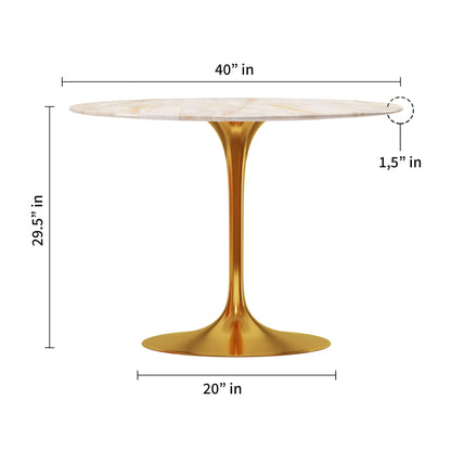 White And Gold Rounded Stone And Metal Pedestal Base Dining Table