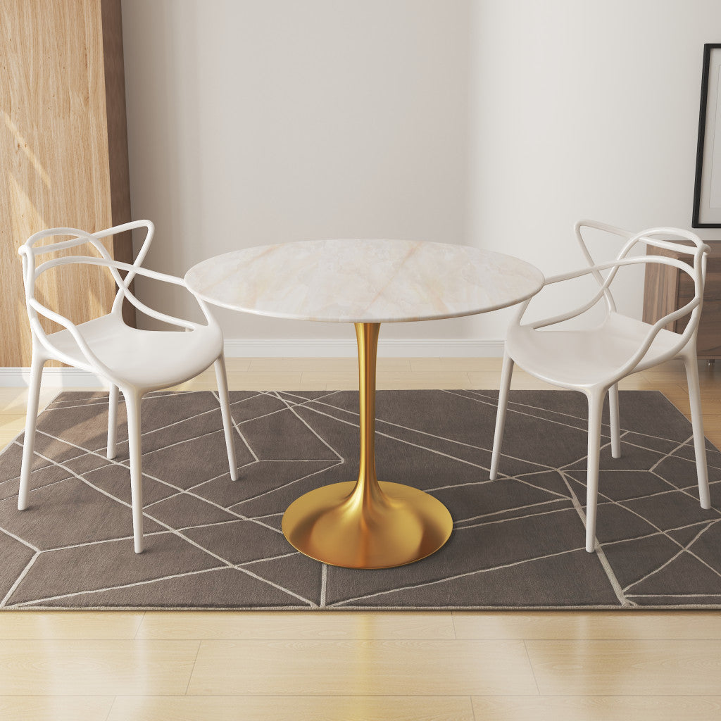 White And Gold Rounded Stone And Metal Pedestal Base Dining Table