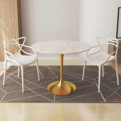 White And Gold Rounded Stone And Metal Pedestal Base Dining Table
