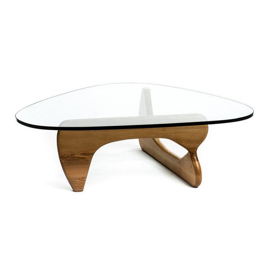 Clear & Brown Glass & Solid Wood Triangle Coffee Table