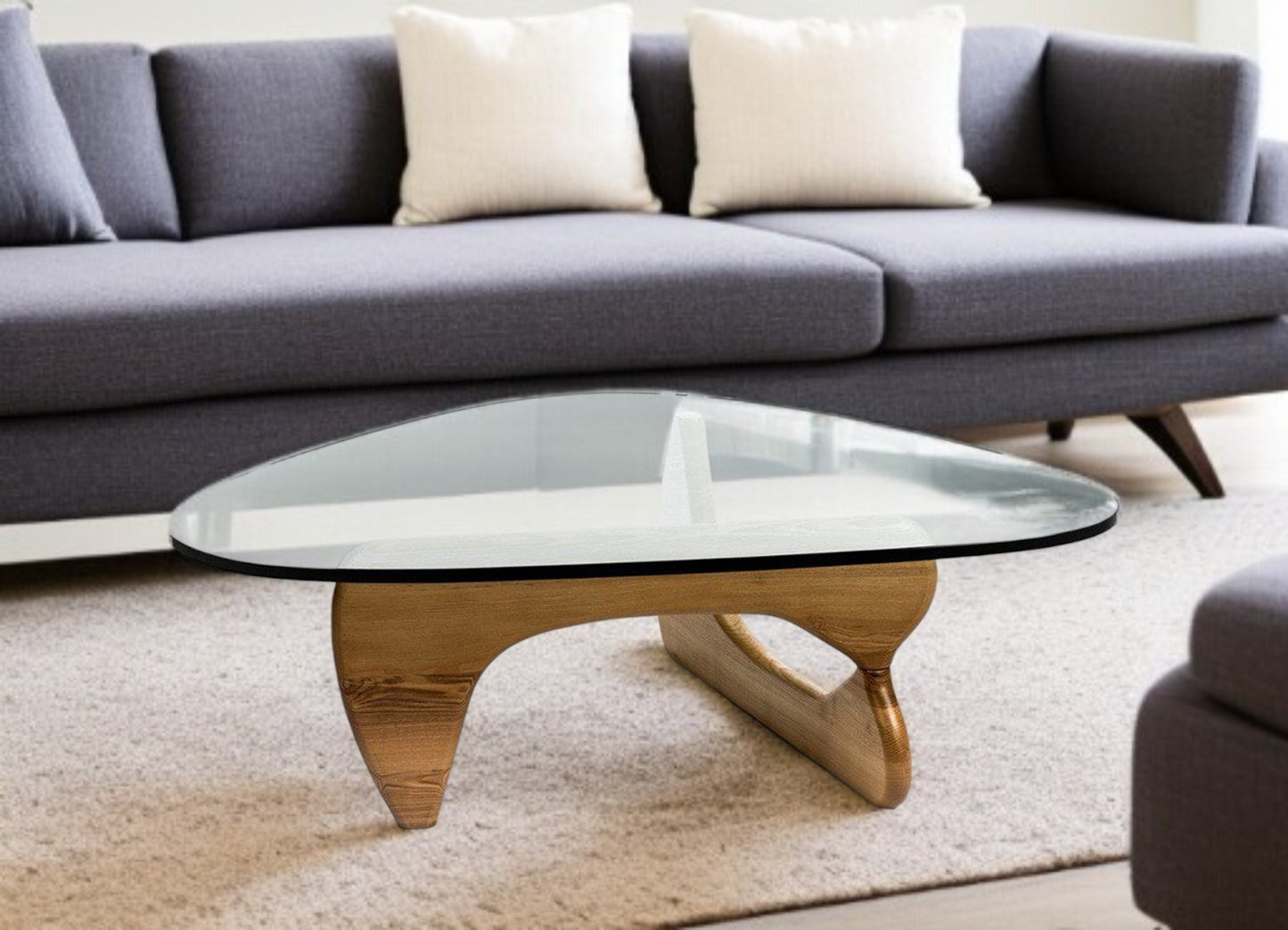 Clear & Brown Glass & Solid Wood Triangle Coffee Table image 1