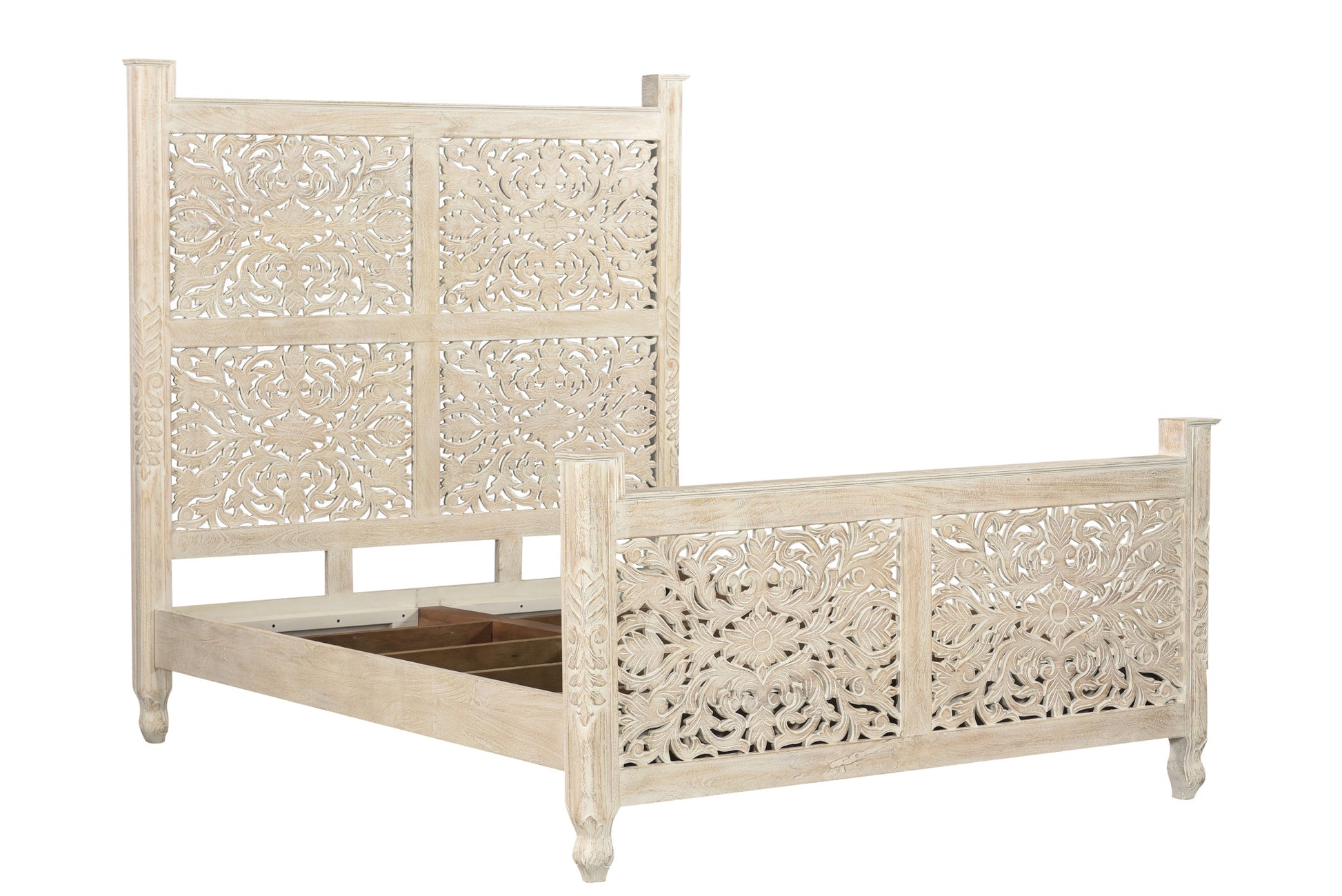 White Carved Floral Distressed Solid Wood Queen Bed