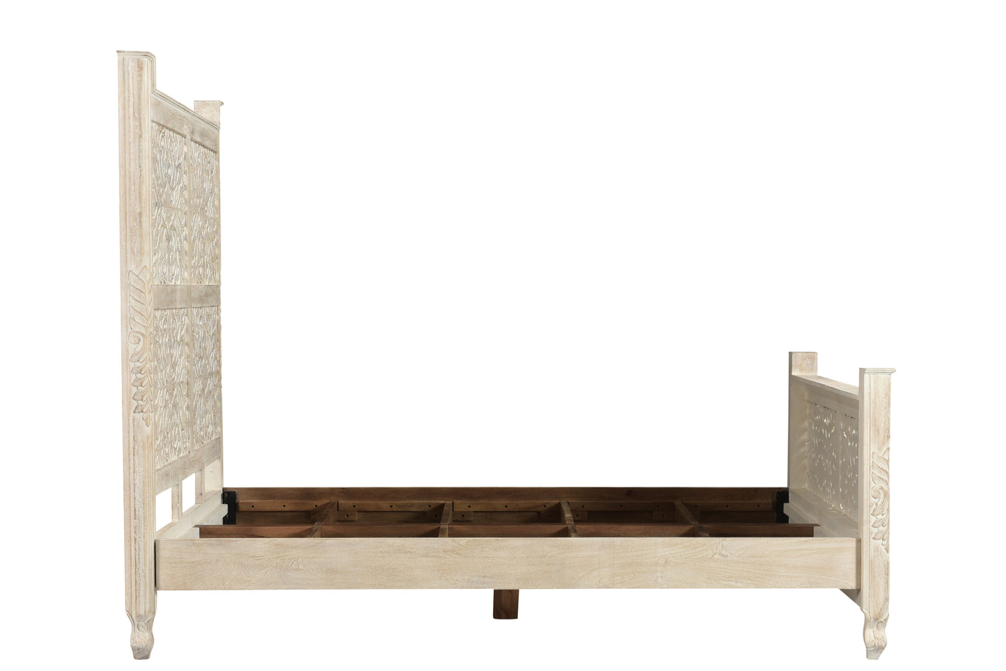 White Carved Floral Distressed Solid Wood Queen Bed