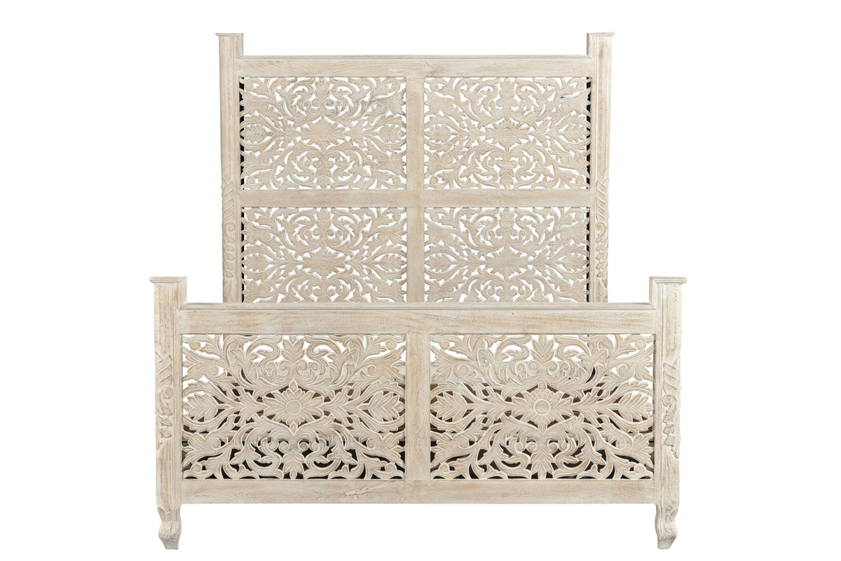 Juniper White Carved Floral Distressed Solid Wood Queen Bed