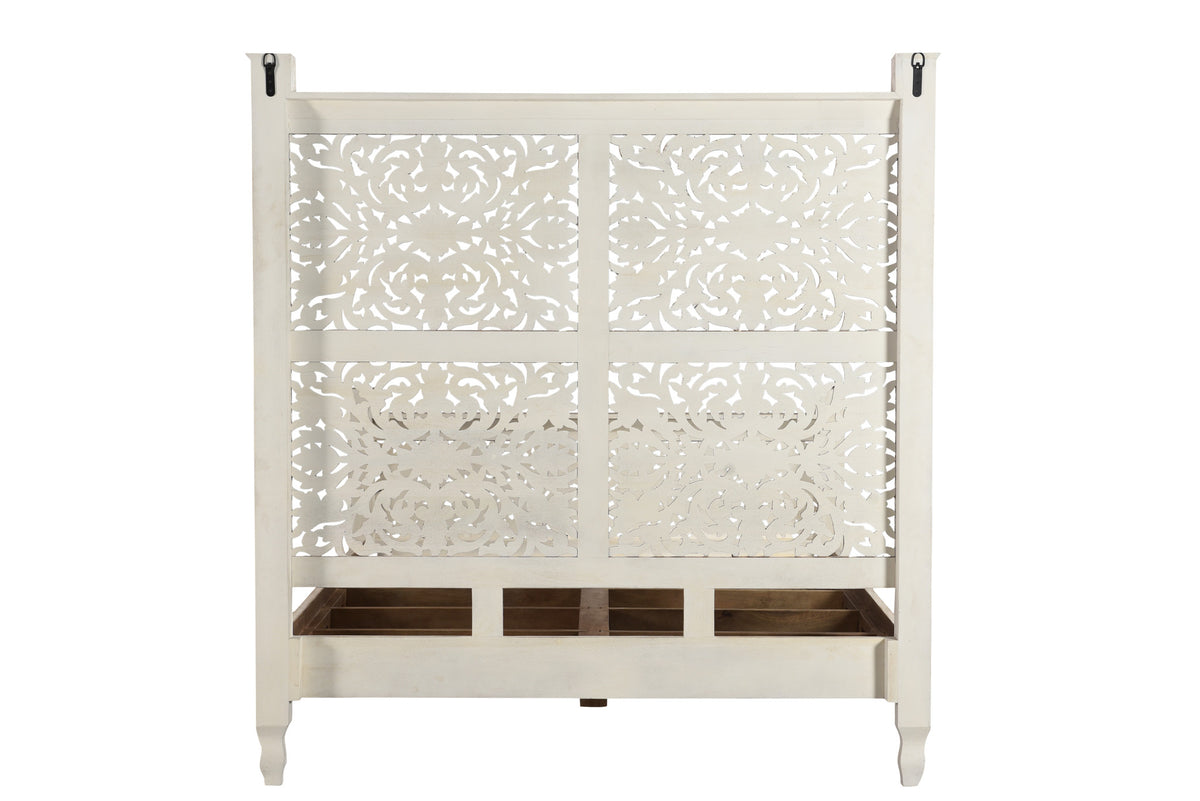 White Carved Floral Distressed Solid Wood Queen Bed