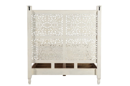 White Carved Floral Distressed Solid Wood Queen Bed