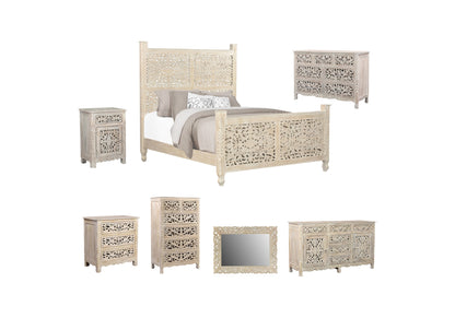 White Carved Floral Distressed Solid Wood Queen Bed
