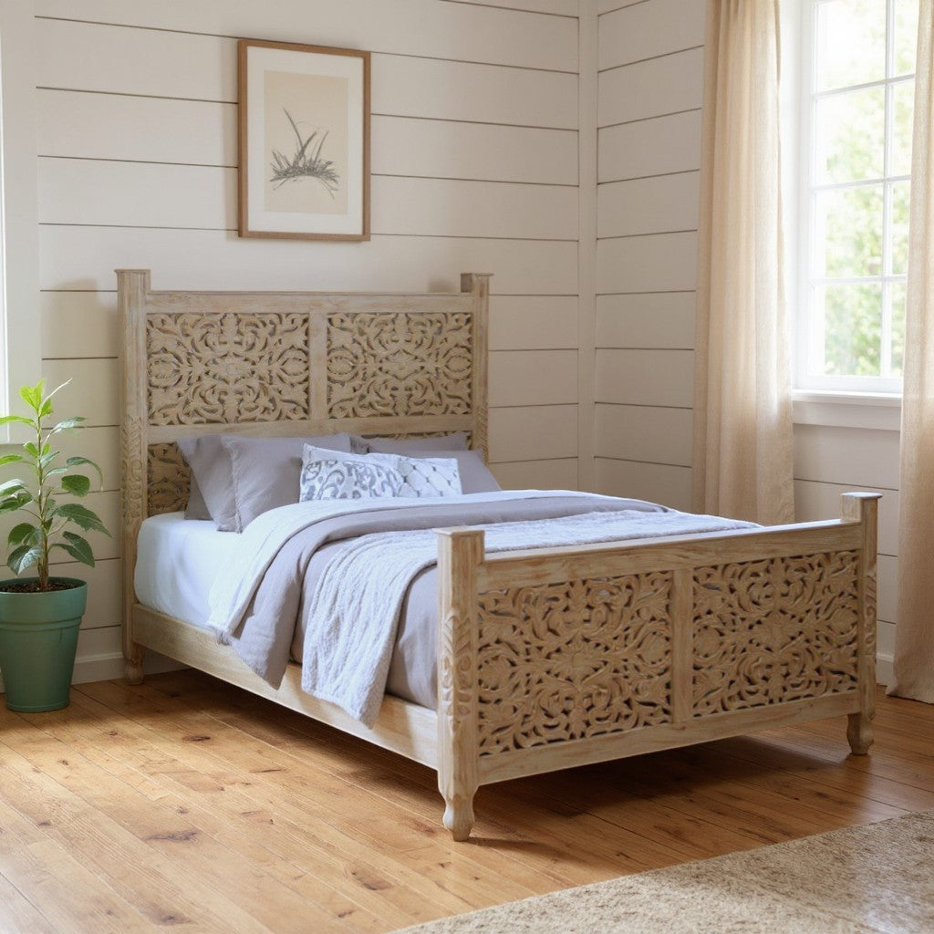 White Carved Floral Distressed Solid Wood Queen Bed