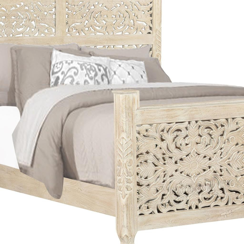 White Carved Floral Distressed Solid Wood Queen Bed