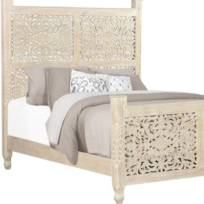 White Carved Floral Distressed Solid Wood Queen Bed