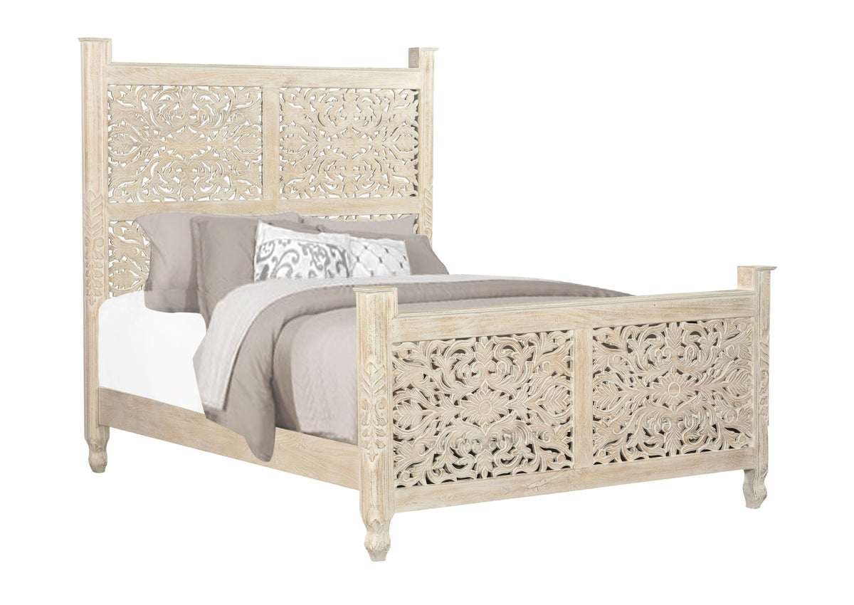 White Carved Floral Distressed Solid Wood Queen Bed