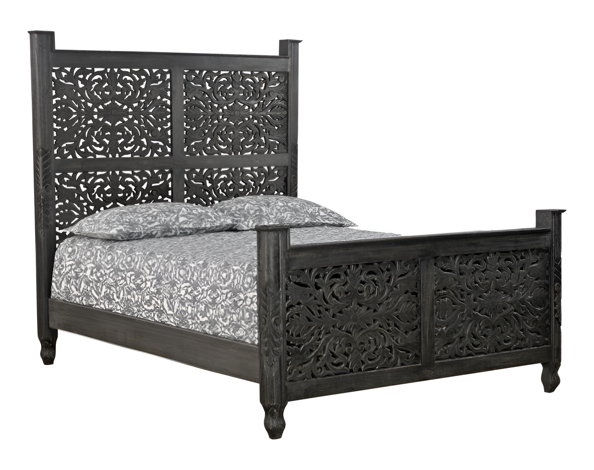 Black Carved Floral Distressed Solid Wood Queen Bed