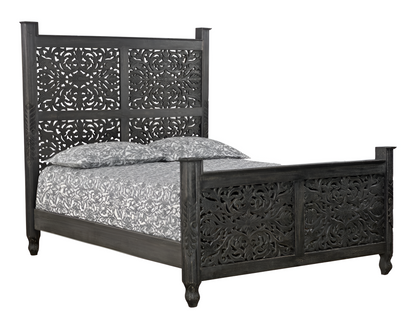 Black Carved Floral Distressed Solid Wood Queen Bed