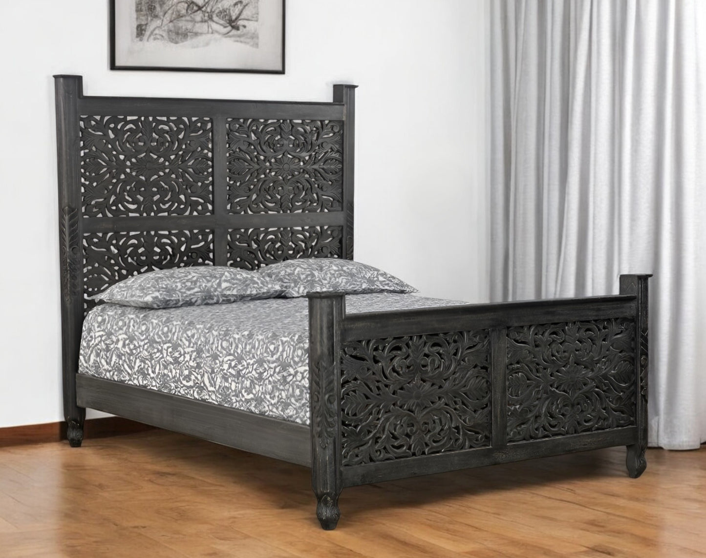 Black Carved Floral Distressed Solid Wood Queen Bed