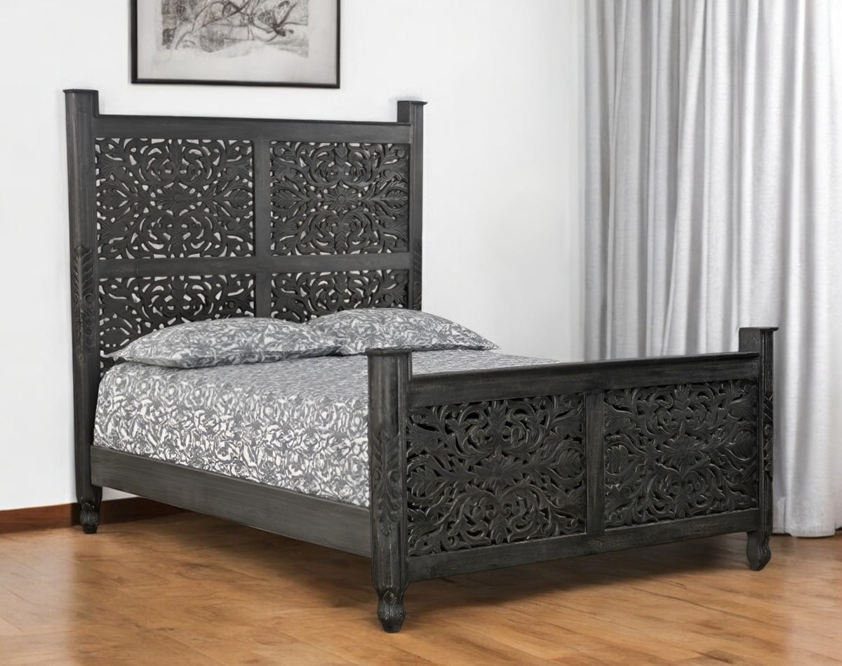 Black Carved Floral Distressed Solid Wood Queen Bed