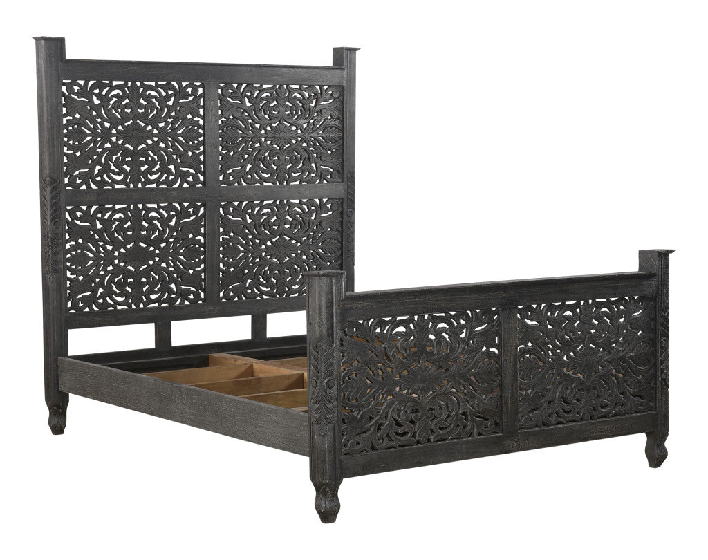 Black Carved Floral Distressed Solid Wood Queen Bed
