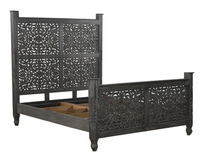 Black Carved Floral Distressed Solid Wood Queen Bed