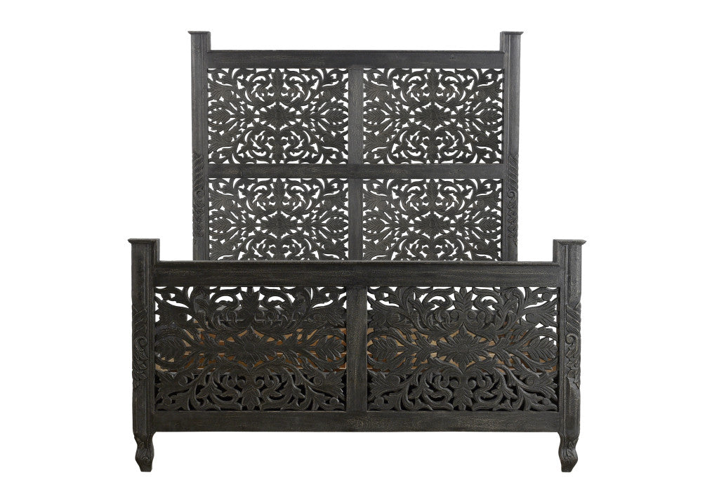 Black Carved Floral Distressed Solid Wood Queen Bed