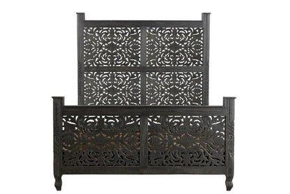 Black Carved Floral Distressed Solid Wood Queen Bed