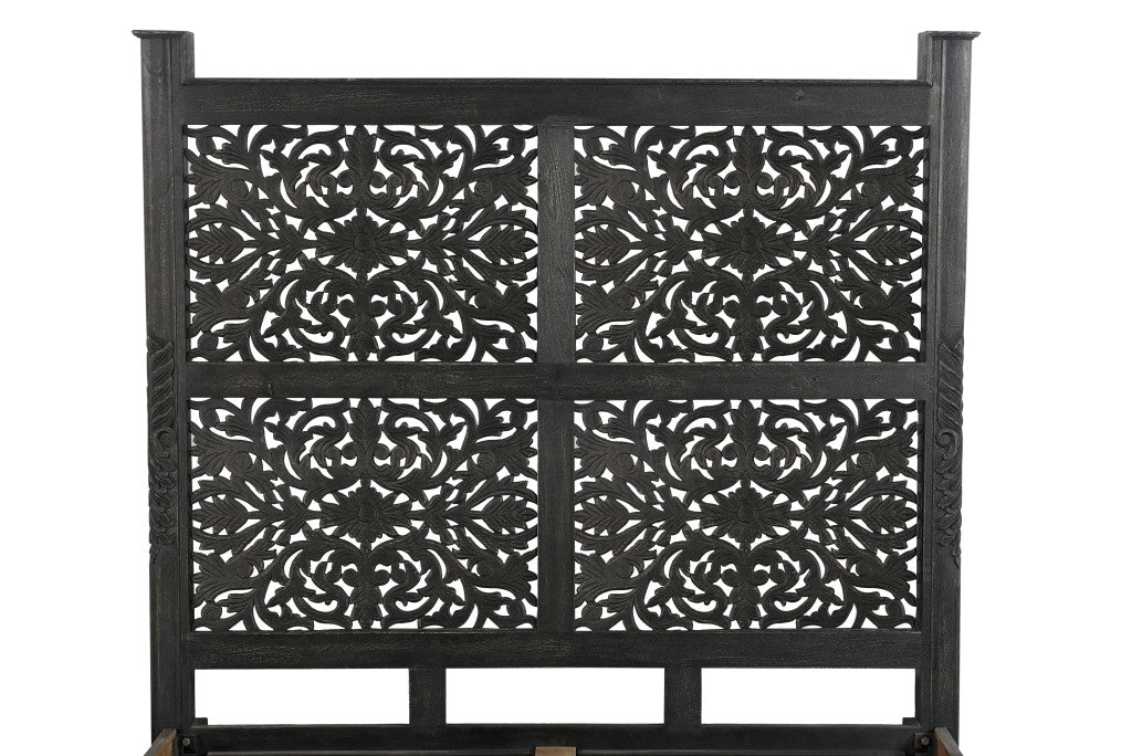 Black Carved Floral Distressed Solid Wood Queen Bed