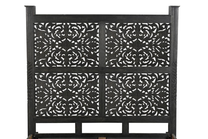 Black Carved Floral Distressed Solid Wood Queen Bed