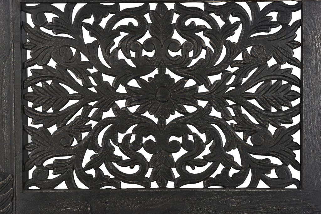 Black Carved Floral Distressed Solid Wood Queen Bed