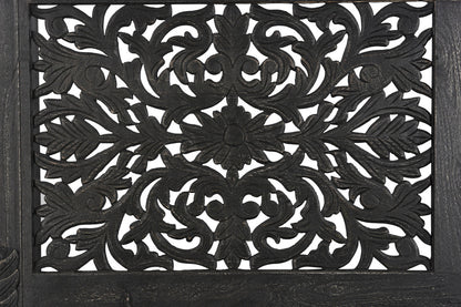 Black Carved Floral Distressed Solid Wood Queen Bed