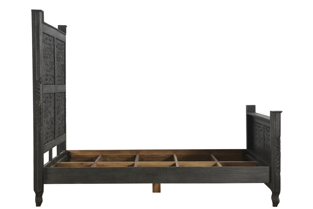 Black Carved Floral Distressed Solid Wood Queen Bed