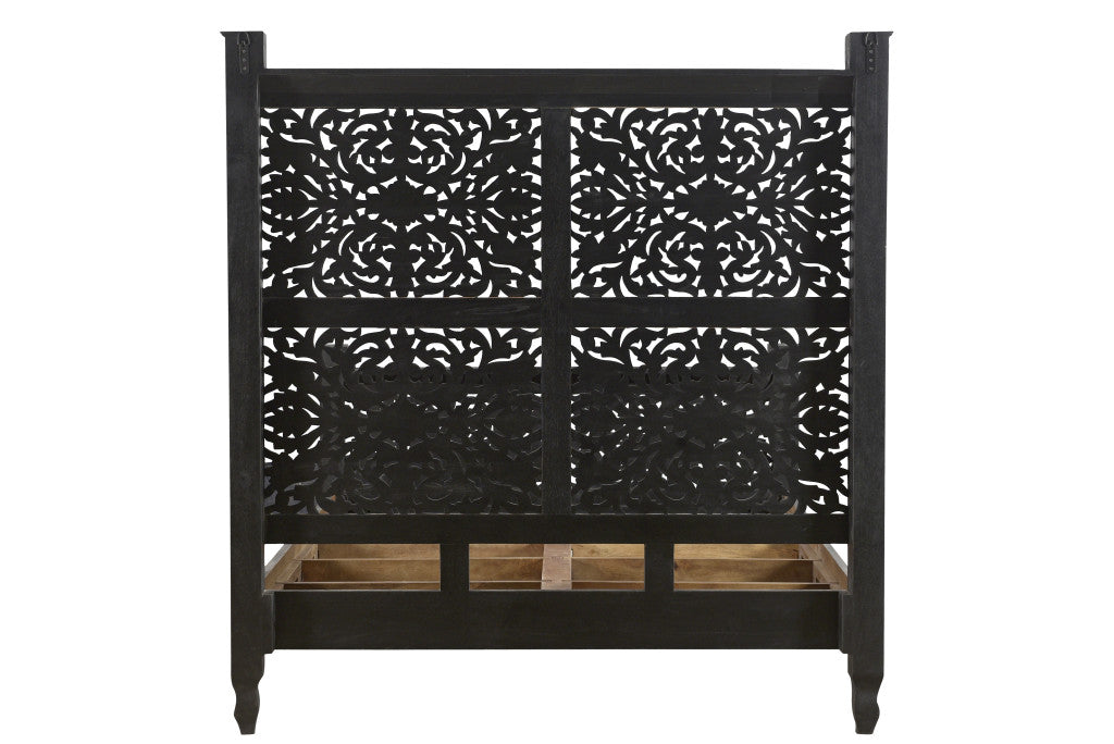 Marnie Black Carved Floral Distressed Solid Wood Queen Bed