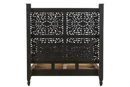 Marnie Black Carved Floral Distressed Solid Wood Queen Bed