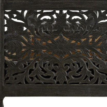 Black Carved Floral Distressed Solid Wood Queen Bed