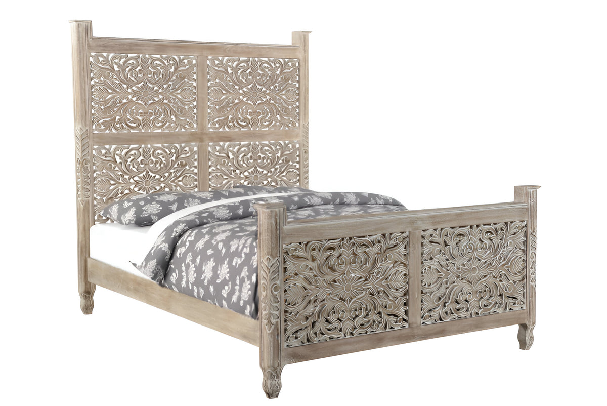 Gray Carved Floral Distressed Solid Wood Queen Bed