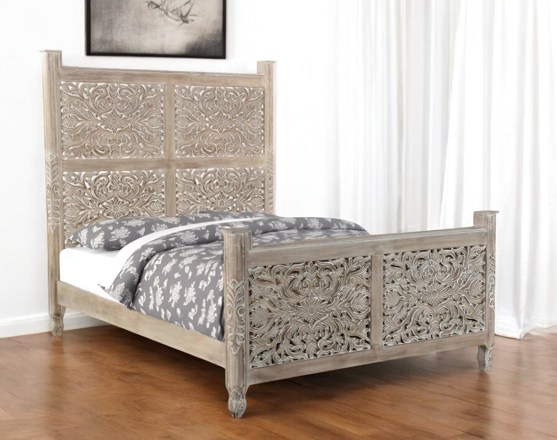 Gray Carved Floral Distressed Solid Wood Queen Bed