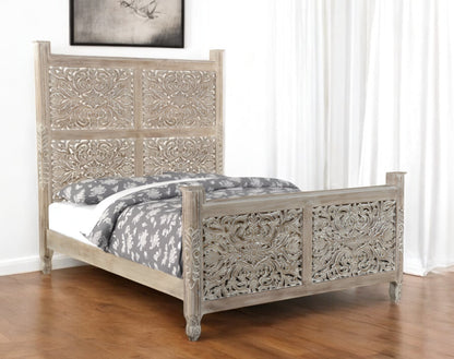 Gray Carved Floral Distressed Solid Wood Queen Bed