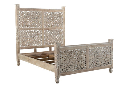 Gray Carved Floral Distressed Solid Wood Queen Bed