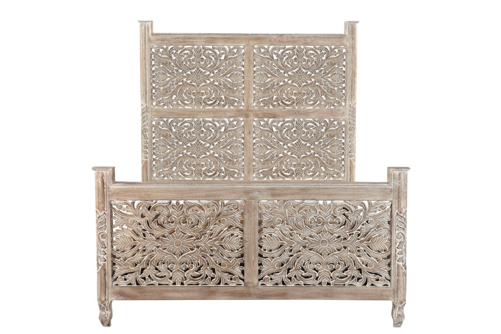 Briar Gray Carved Floral Distressed Solid Wood Queen Bed