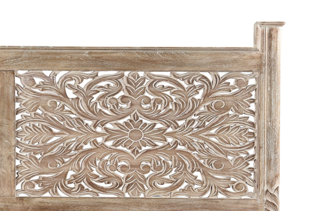 Gray Carved Floral Distressed Solid Wood Queen Bed
