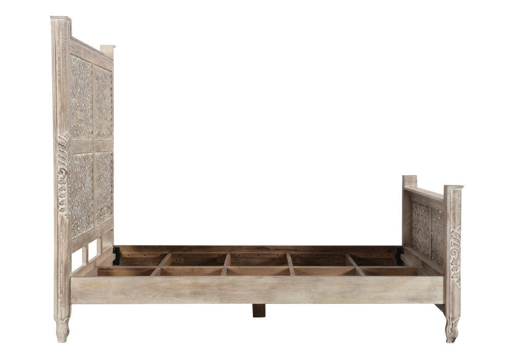 Gray Carved Floral Distressed Solid Wood Queen Bed