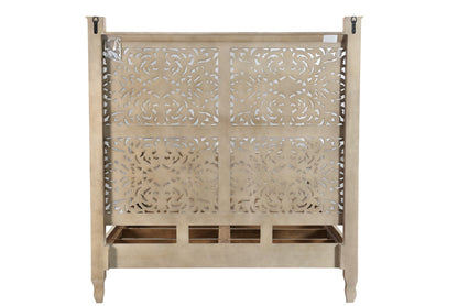 Gray Carved Floral Distressed Solid Wood Queen Bed