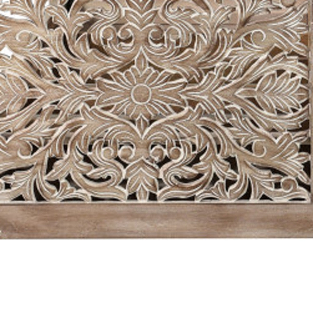 Gray Carved Floral Distressed Solid Wood Queen Bed