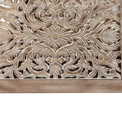 Gray Carved Floral Distressed Solid Wood Queen Bed